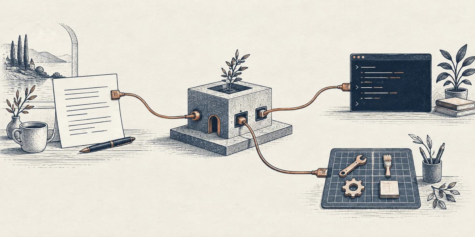 A central workshop connects to documents, a terminal, and tools through flowing ink paths.