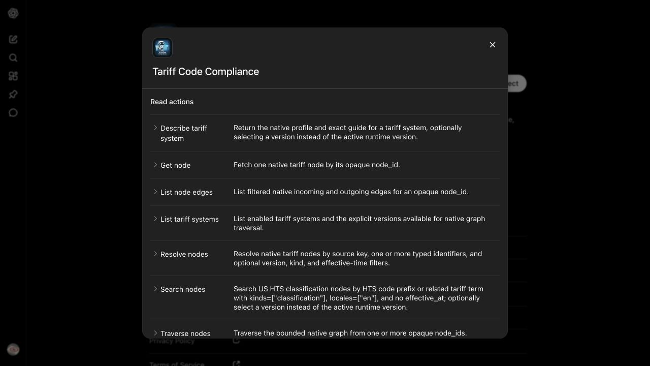 ChatGPT’s app details show individual read actions such as Get node and List node edges, with technical descriptions.