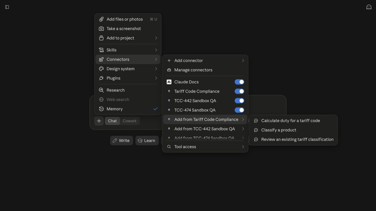 Claude’s plus menu opens Connectors, then Add from Tariff Code Compliance, then a submenu containing Classify a product.